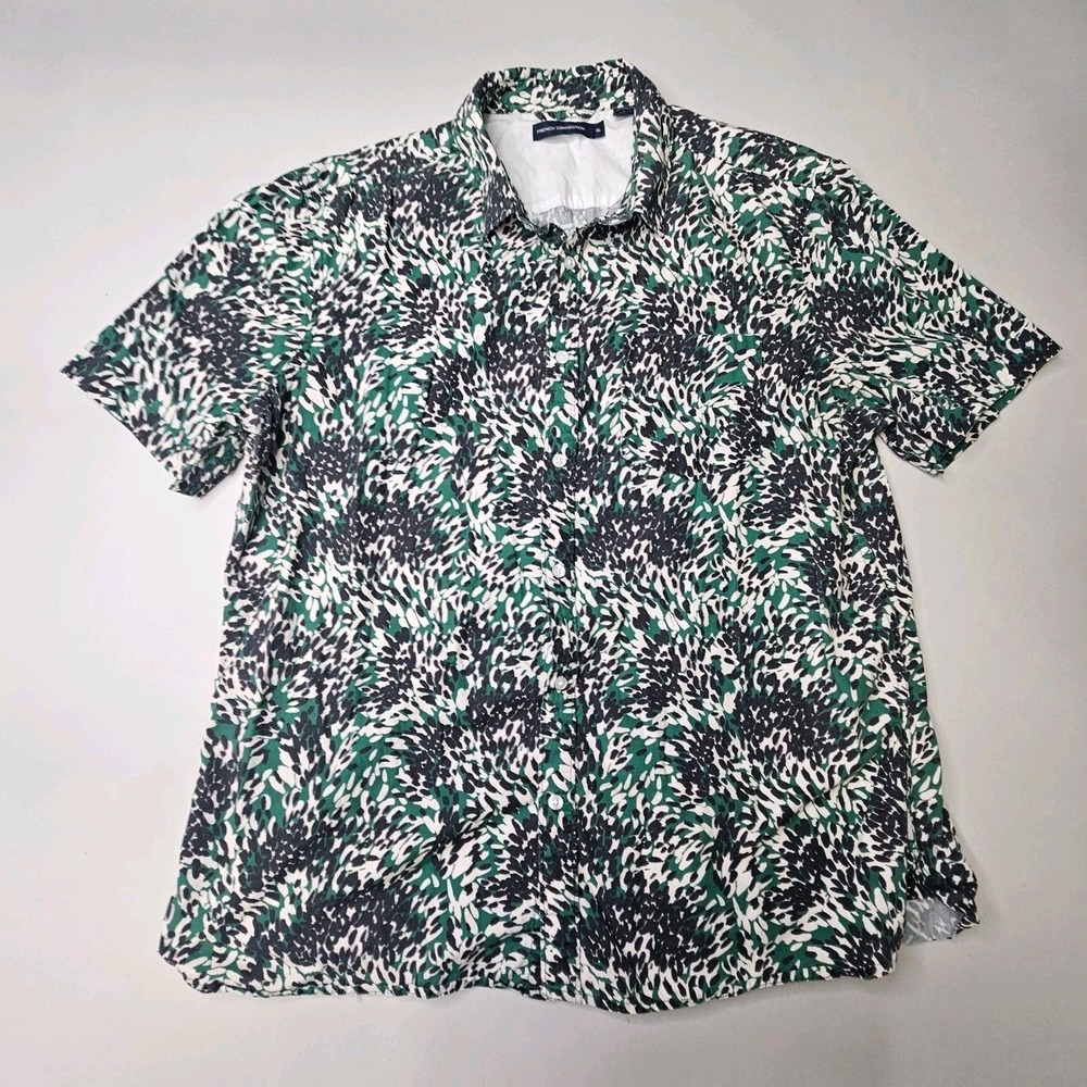 French Connection Button Down Mens XL Green Abstract Print Short Sleeve Good